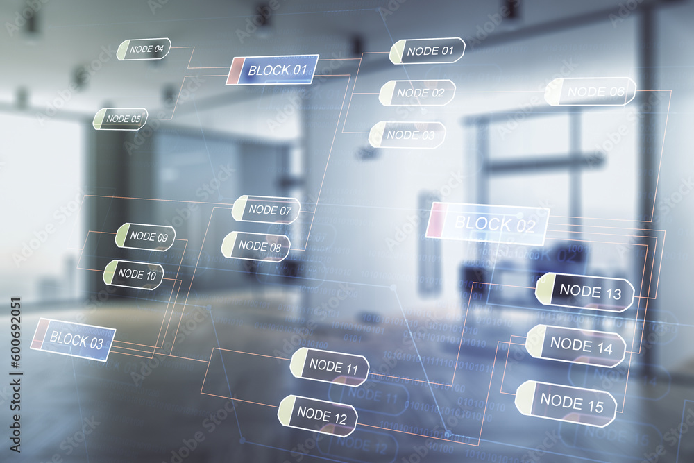 Aufkleber multi exposure of abstract programming language hologram on a modern furnished office interior backg