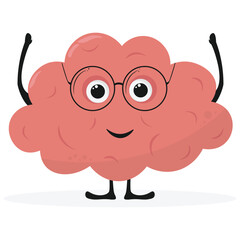Cute cartoon happy brain in glasses illustration. Flat cartoon human organ character brain mascot icon design
