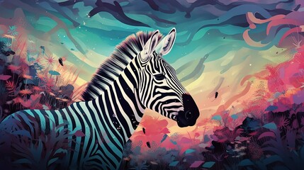 Fototapeta na wymiar euphoria dreamy aura atmosphere, collage illustration style, close up portrait zebra with copy space, Generative Ai