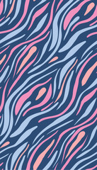 Abstract neon zebra skin texture. Vector seamless pattern with pink and blue stripes on a purple background.