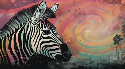 euphoria dreamy aura atmosphere, collage illustration style, close up portrait zebra with copy space, Generative Ai