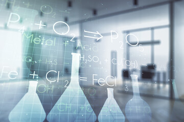 Abstract virtual creative chemistry hologram on a modern furnished office background. Multiexposure