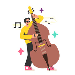 Double bass player. Male character performing music with big string
