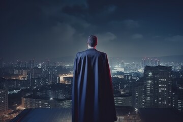 Fototapeta na wymiar Businessman suit cape hero city. Generate Ai