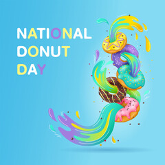 Fototapeta premium National Donut Day. Composition of realistic donuts with splashes of colorful icing. Vector illustration