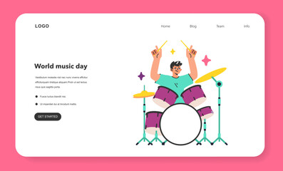 Male character playing drums web banner or landing page. Creative hobby