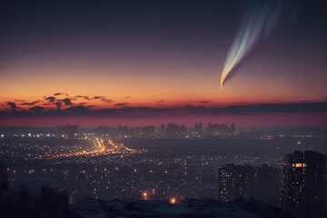 Naklejka na ściany i meble Comet with a bright tail over the city after sunset. Night astronomical landscape