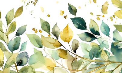 Watercolor seamless border, illustration with green gold leaves and branches, generative AI