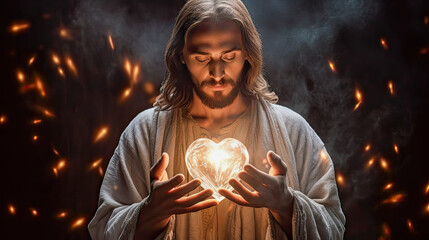 Jesus is holding a bright shiny glowing heart, generative ai illustration