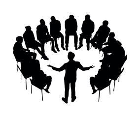Business people circle meeting brainstorming session vector silhouette.