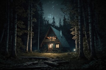 Forest cabin in the dark woods at night