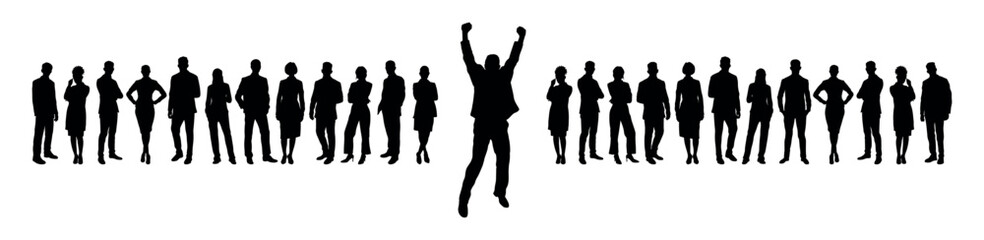 Businessman raising hands and jumping  in front of business team silhouette.