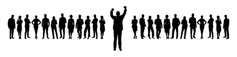 Businessman raising hands standing foreground with his business team at background silhouette.