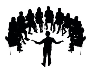 Businessman speaker giving a talk at business meeting silhouette. Business people circle meeting business discussion brainstorming session vector silhouette.