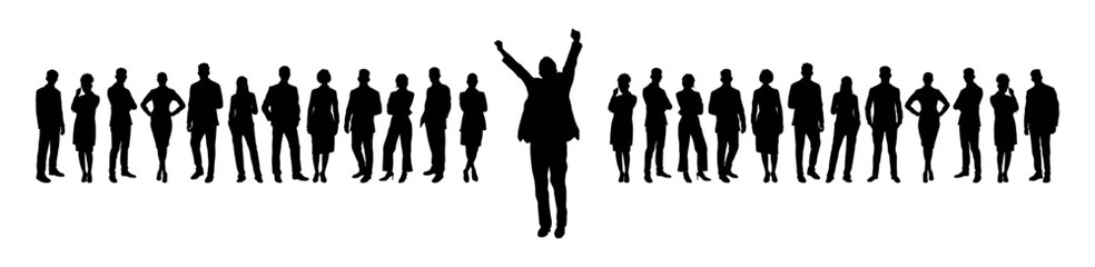 Businessman raising hands standing out in front of his business team silhouette 