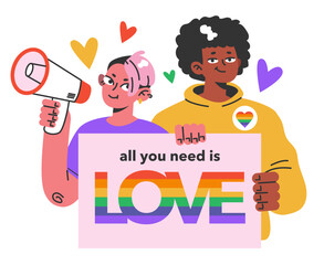 Cheerful characters with rainbow flags celebrate pride month. LGBTQ