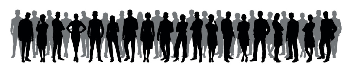 Group of confident business people standing together vector silhouette.