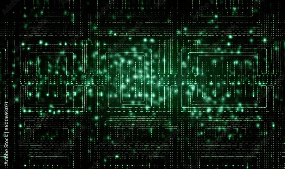 Poster binary matrix 1 0 bits green abstract background, generative ai