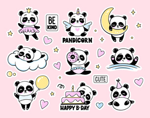 Cute Panda Bear Collection. Baby Animal Doodle Illustrations Set with Happy Birthday Cake, Sleeping, Unicorn, Princess