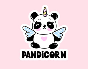 Panda Unicorn with Wings Vector Illustration. Animal Pandicorn Kawaii Cute Art.