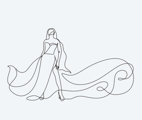 Vector illustration of a bride in wedding dress and a veil minimalist line art