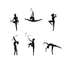 Obraz premium Clubs Rhythmic Gymnastics set flat sihouette vector. Rhythmic Gymnastics female athlete black icon on white background.