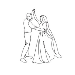 Fototapeta premium Single one line drawing happy cute married man and woman dancing on the floor at party park. Romantic young wedding couple holding hands and spinning around. Continuous line draw design graphic vector