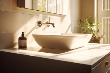 Naklejka na ściany i meble house bathroom hotel luxury sunlight interior counter sink design faucet modern. Generative AI.