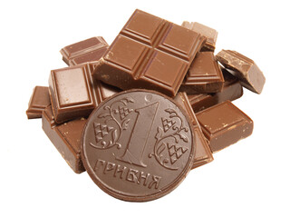 Chocolate money grivna Ukraine isolated on white background