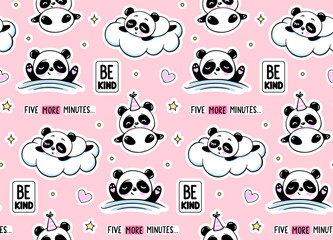 Sleeping Panda under a Blanket and on a White Cloud, Stars Seamless Pattern. Cute Vector Baby Print