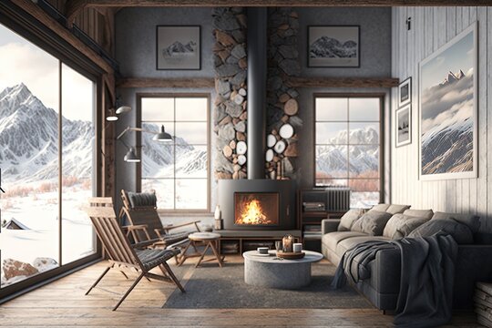 Mountain challet interior, living room with fireplace in winter