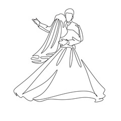 Line art drawing wedding couple married man and woman dancing on the floor at party park. Romantic young man and woman holding hands and spinning around. Continuous line draw design graphic vector