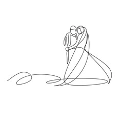 Line art drawing wedding couple married man and woman dancing on the floor at party park. Romantic young man and woman holding hands and spinning around. Continuous line draw design graphic vector