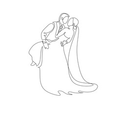 Line art drawing wedding couple married man and woman dancing on the floor at party park. Romantic young man and woman holding hands and spinning around. Continuous line draw design graphic vector
