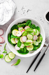 Fresh Salad with Radish, Cucumber and Lettuce on Bright Background, Healthy Vegetarian Food