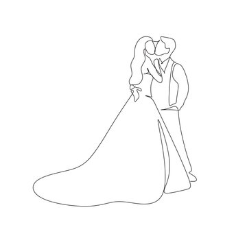 Wedding cople dance vector line art. Beautiful bride and groom line drawing. Elegant wedding agency logo. Minimalist modern illustration