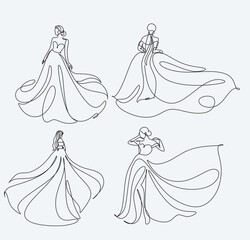 Beautiful woman in long flowing dress in continuous line art drawing style. Girl wearing luxury evening or bridal gown. Minimalist black linear sketch isolated on white background. Vector illustration