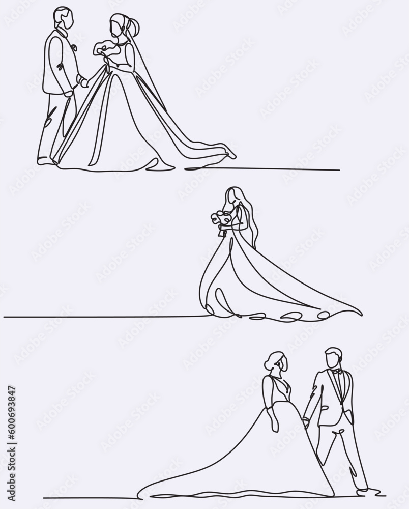 Wall mural line art drawing wedding couple married man and woman dancing on the floor at party park. romantic y - Wall murals