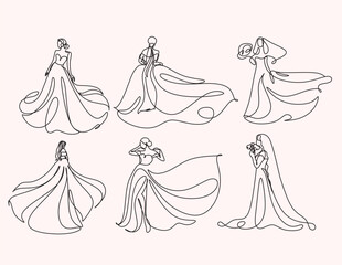 Beautiful woman in long flowing dress in continuous line art drawing style. Girl wearing luxury evening or bridal gown. Minimalist black linear sketch isolated on white background. Vector illustration
