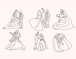 Fototapeta na wymiar Line art drawing wedding couple married man and woman dancing on the floor at party park. Romantic young man and woman holding hands and spinning around. Continuous line draw design graphic vector
