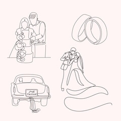 Wedding line art illustrations set. Single one line drawing happy cute married man and woman. Bridal an groom. Modern graphic design concepts, simple outline elements collection. Vector line icons