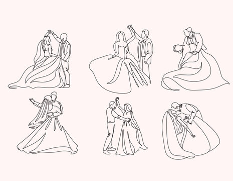 Line art drawing wedding couple married man and woman dancing on the floor at party park. Romantic young man and woman holding hands and spinning around. Continuous line draw design graphic vector