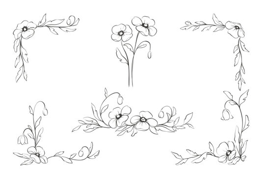 Set of floral corners from poppy flowers.. Sketch in lines, freehand drawing. Vector illustration, borders from summer flowers .