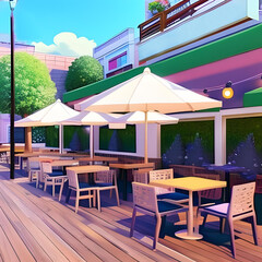 Hand painted photo realistic street cafe in anime style
