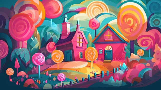 illustration of candy house, dessert home village in colorful pastel tone color, idea for children book scenery, generative Ai