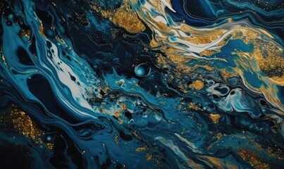 Fototapeta na wymiar Swirling golden and blue acrylic fluid art dark blue waves in abstract ocean and golden foamy waves marble effect, generative AI