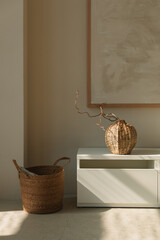 Modern living room interior with wicker vase on a sideboard, picture frame and basket. Sunbeam from the window. Minimal relaxed space with earthy tones. © Nina