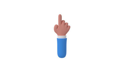 Finger pointing. Hand pointing isolated pastel background. Illustration for website, posts, advertising. Cartoon hand with blue sleeves shows index pointing left 3D rendering. PNG
