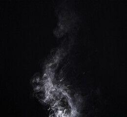 Grey smoke swirl, white background and studio with no people with fog in the air. Smoking, smog and isolated with smoker art from cigarette or pollution with graphic space for incense creativity