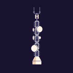 Radio tower, telecommunication broadcasting mast with 5g dishes, plates. Signal transmission pole for telecom, cellular communication, internet, network connection. Isolated flat vector illustration